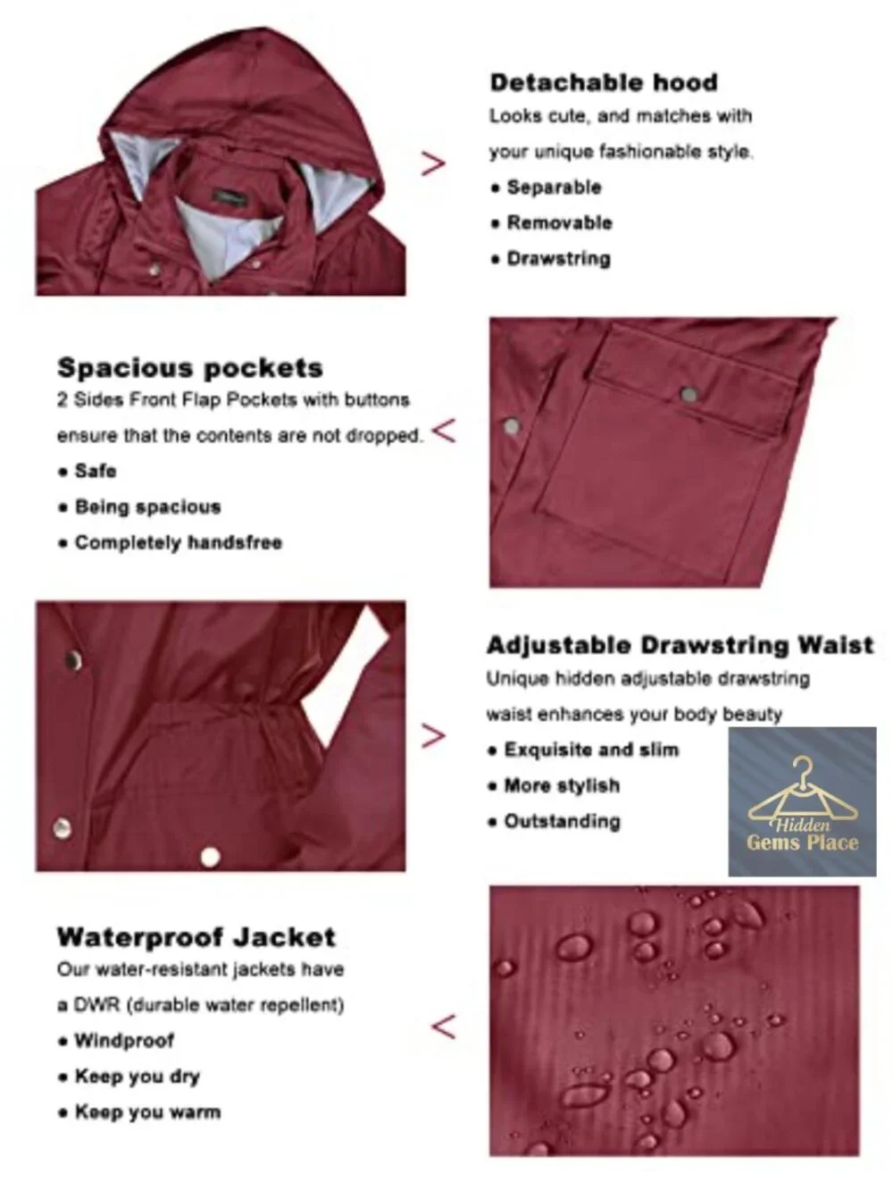 Women's Lightweight Waterproof Rain Jacket Hooded Windbreaker Trench